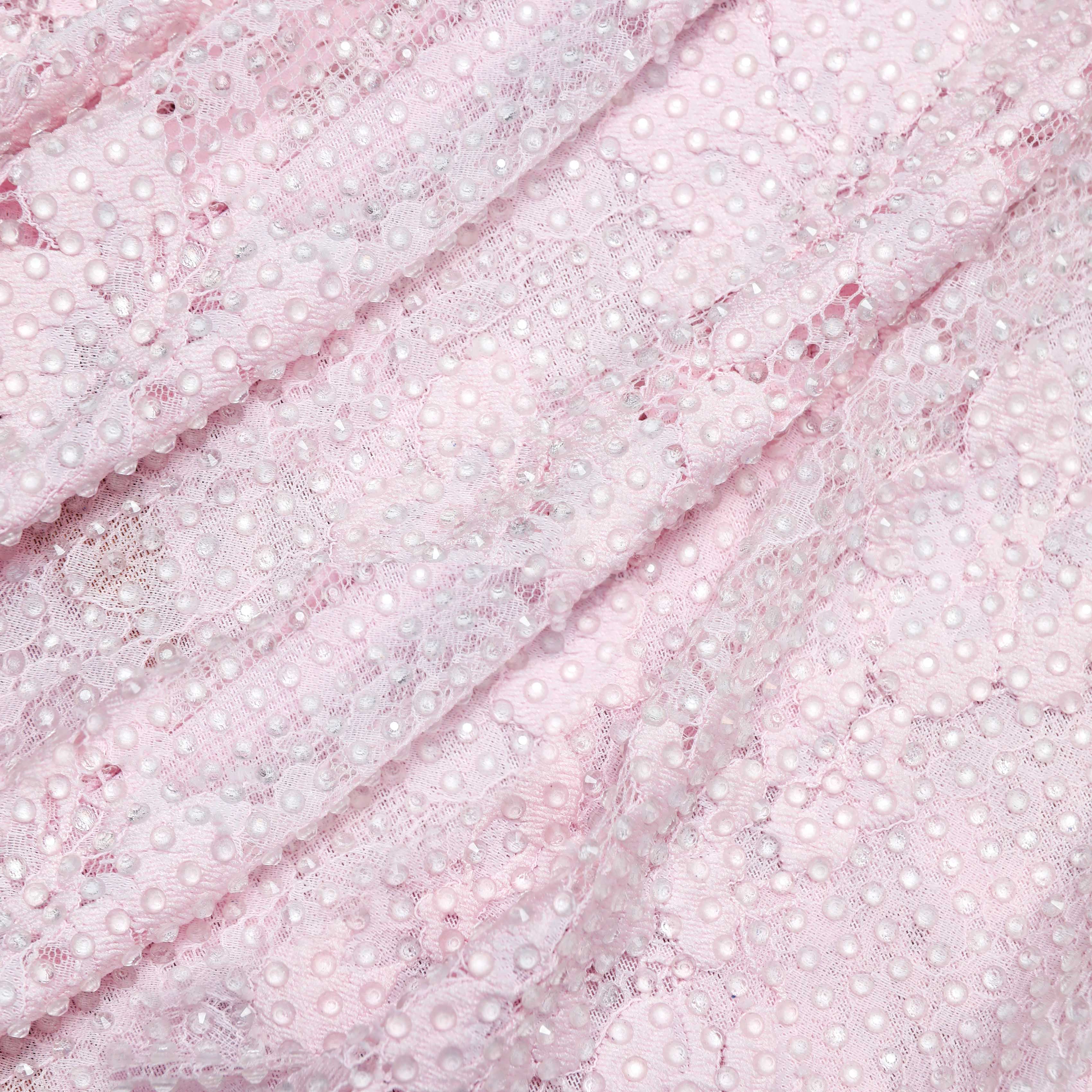 Pink Rhinestone Lace Asymmetric Midi Dress - Image 5