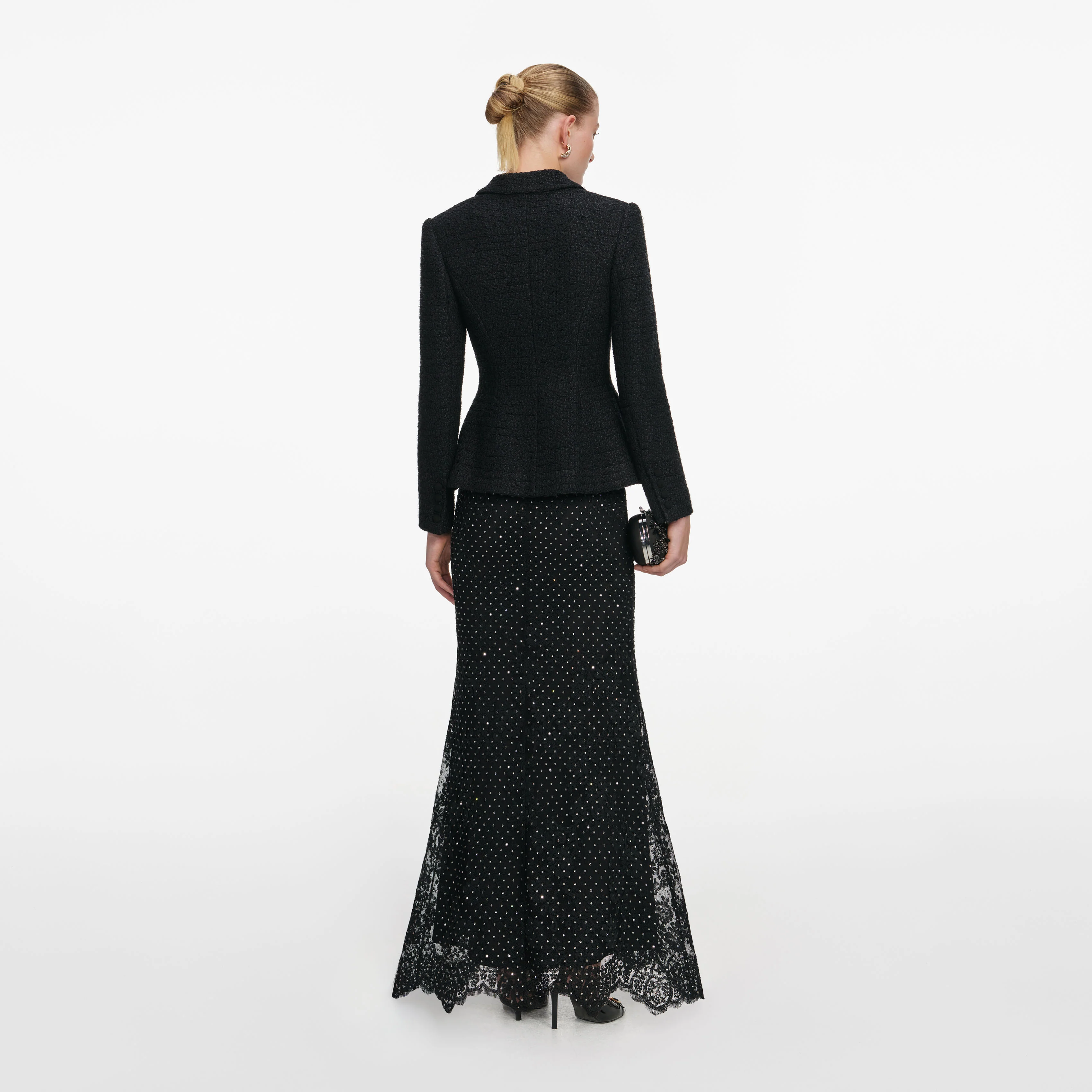 Black Boucle Rhinestone Lace Maxi Dress - Image 3