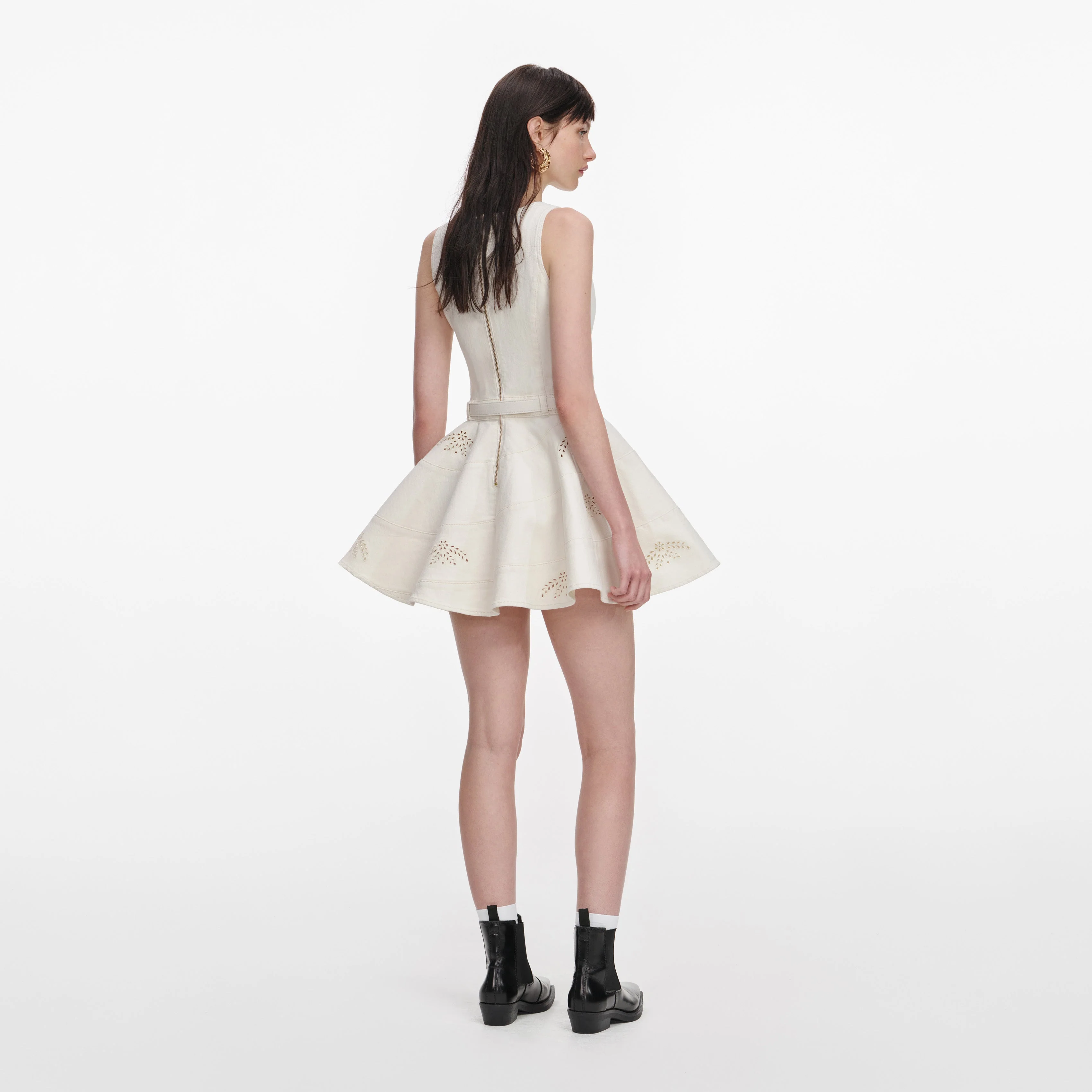 Cream Broderie Denim Sleeveless Mini Dress - Image 3