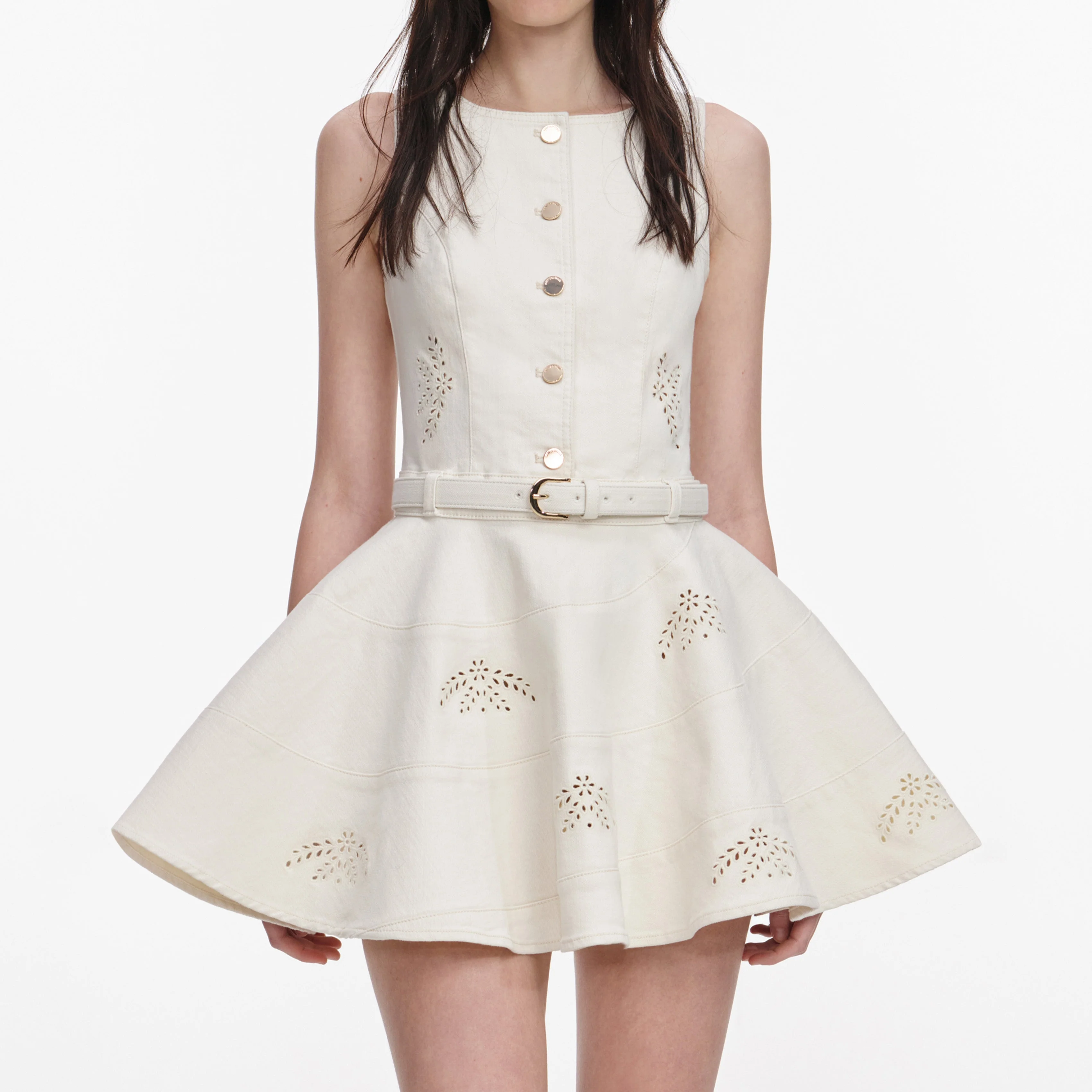 Cream Broderie Denim Sleeveless Mini Dress - Image 4
