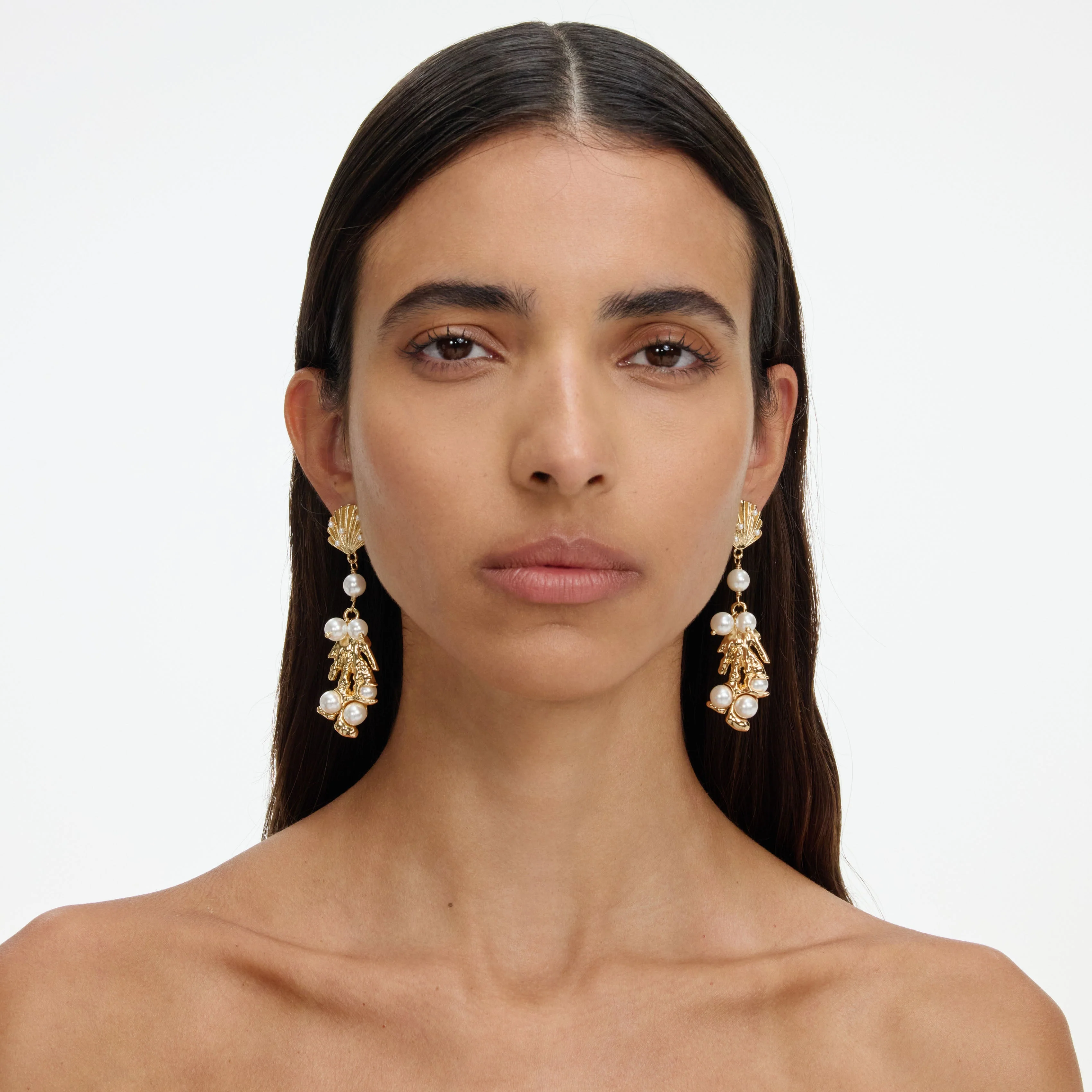 Gold Shell Pearl Coral Earrings - Image 4