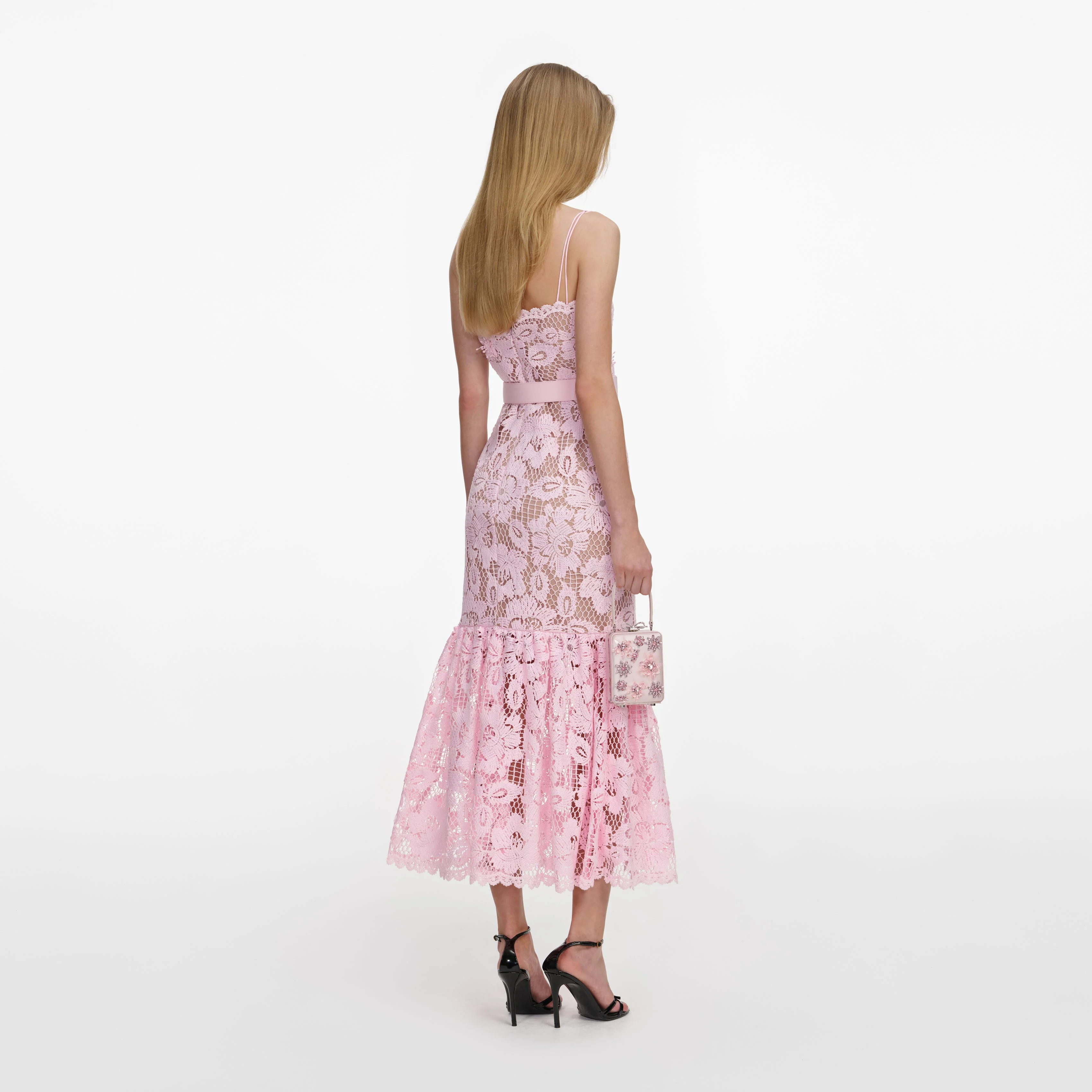 Pink Crochet Lace Midi Dress - Image 3