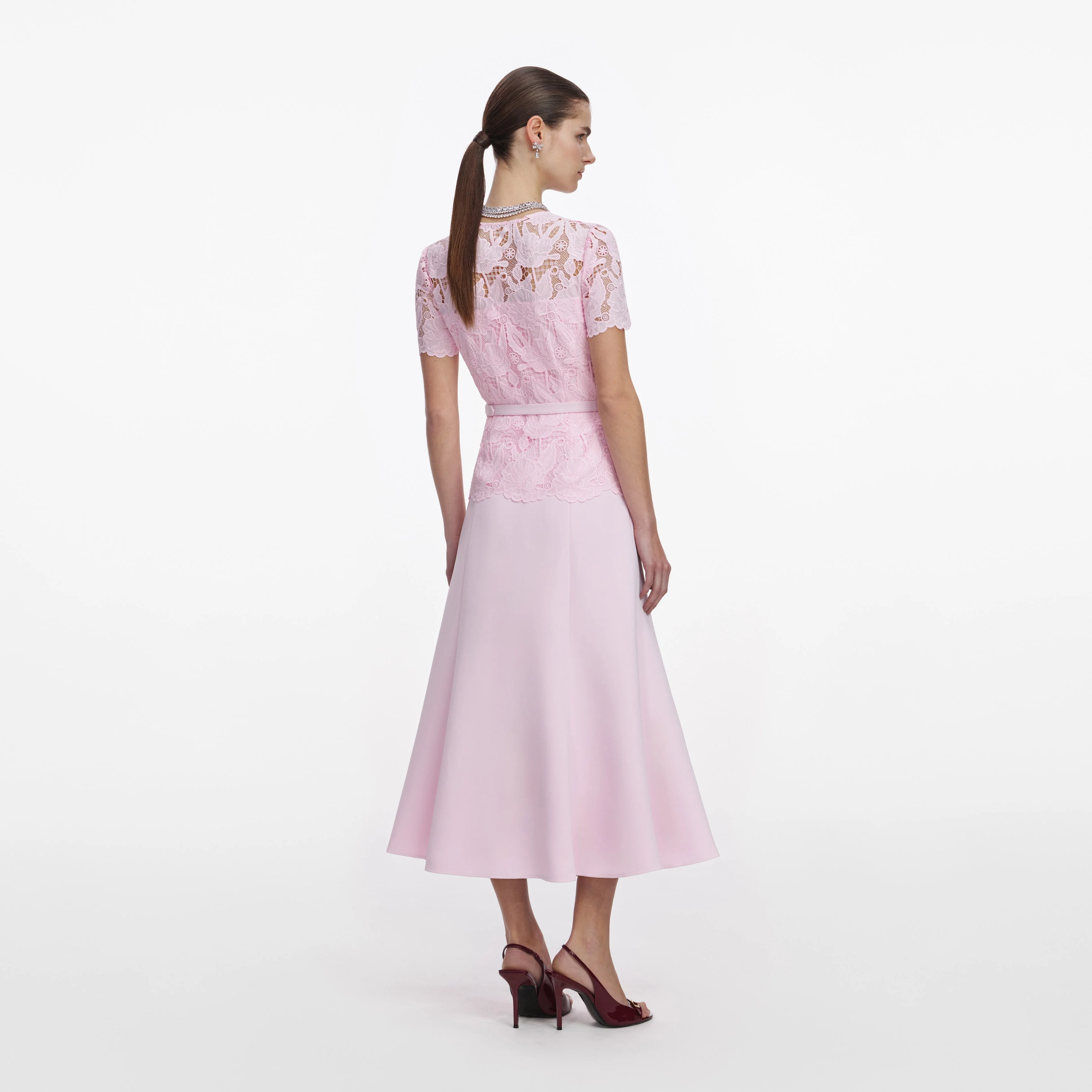 Pink Lace Crepe Midi Dress - Image 3