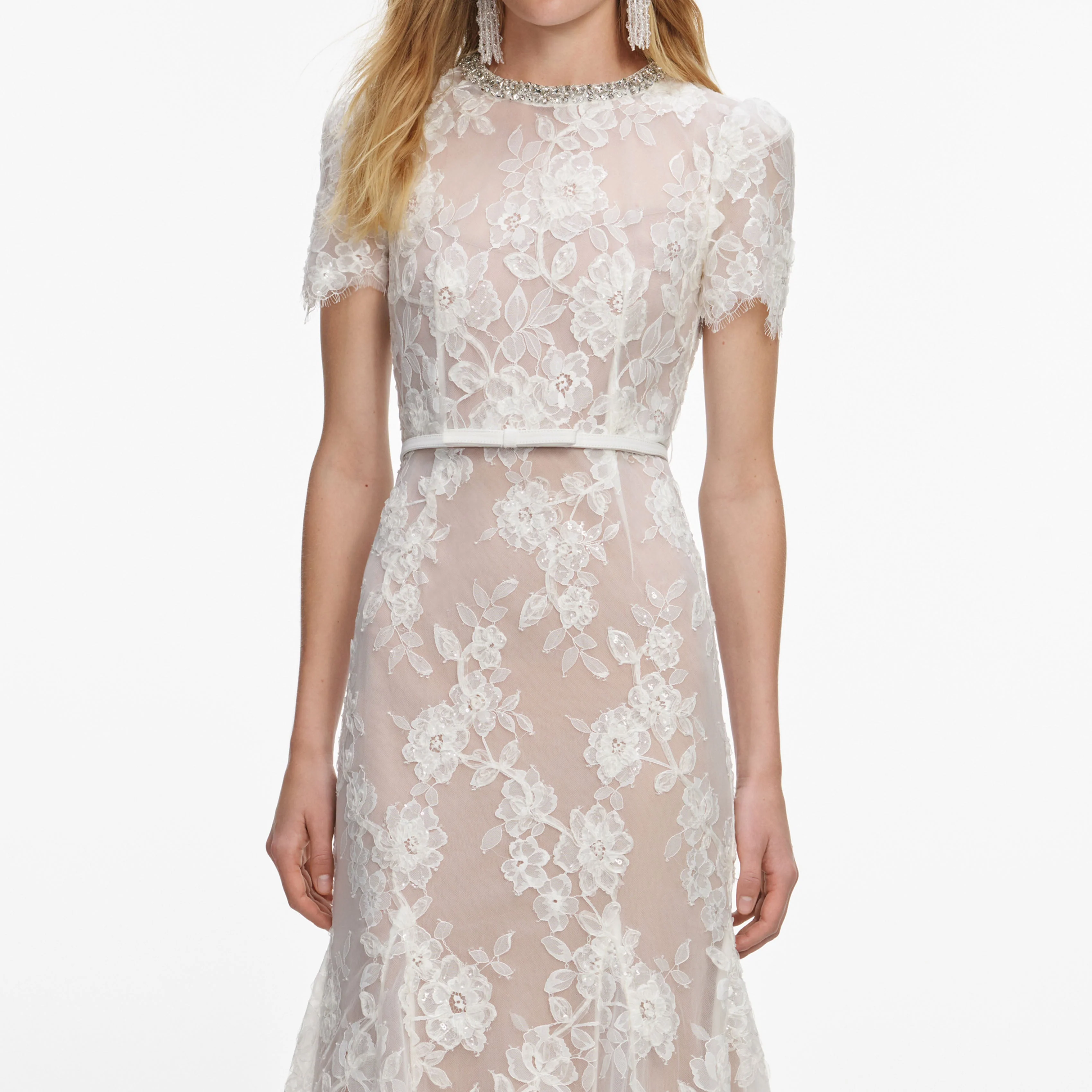 White Sequin Lace Midi Dress - Image 4