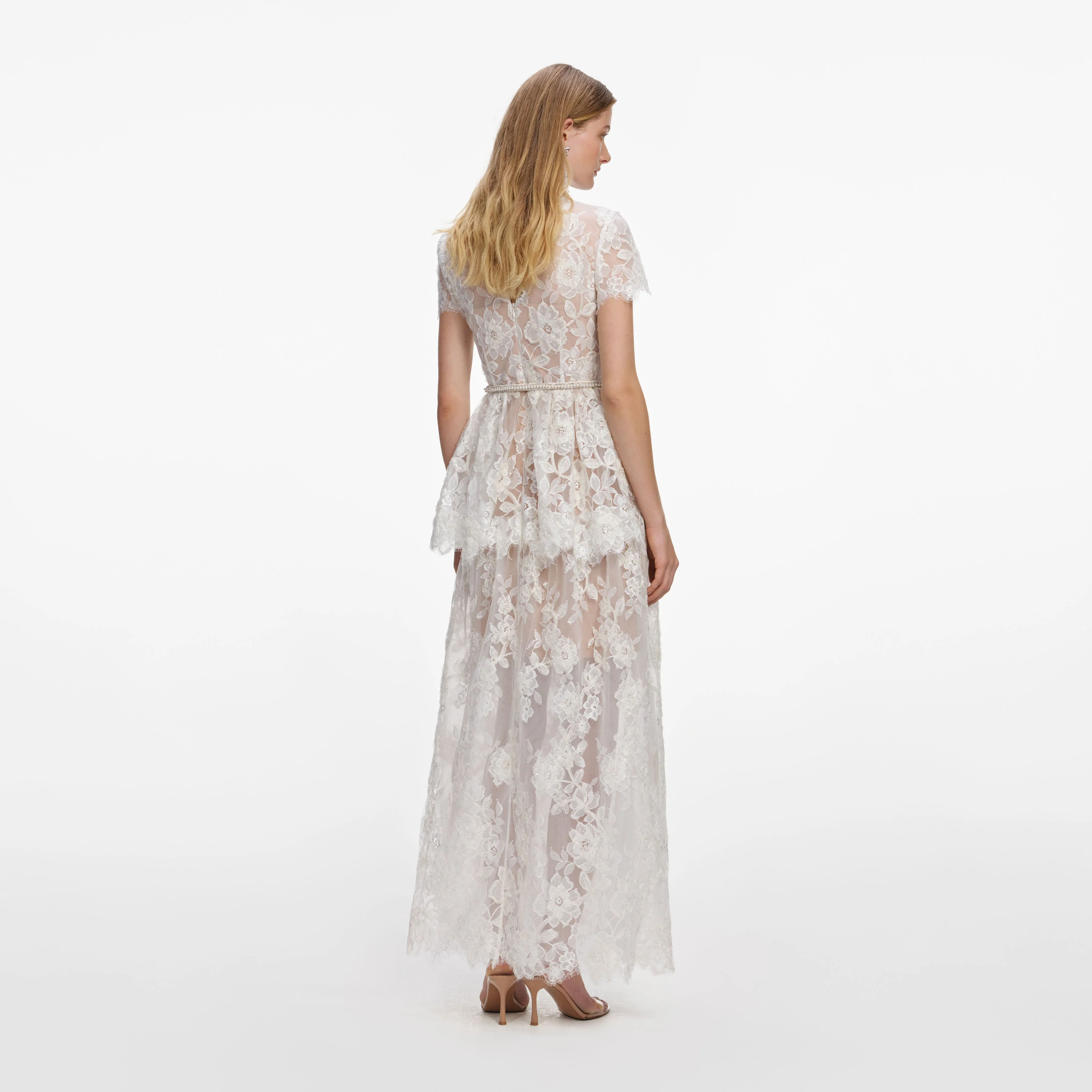 White Sequin Lace Tiered Maxi Dress - Image 3