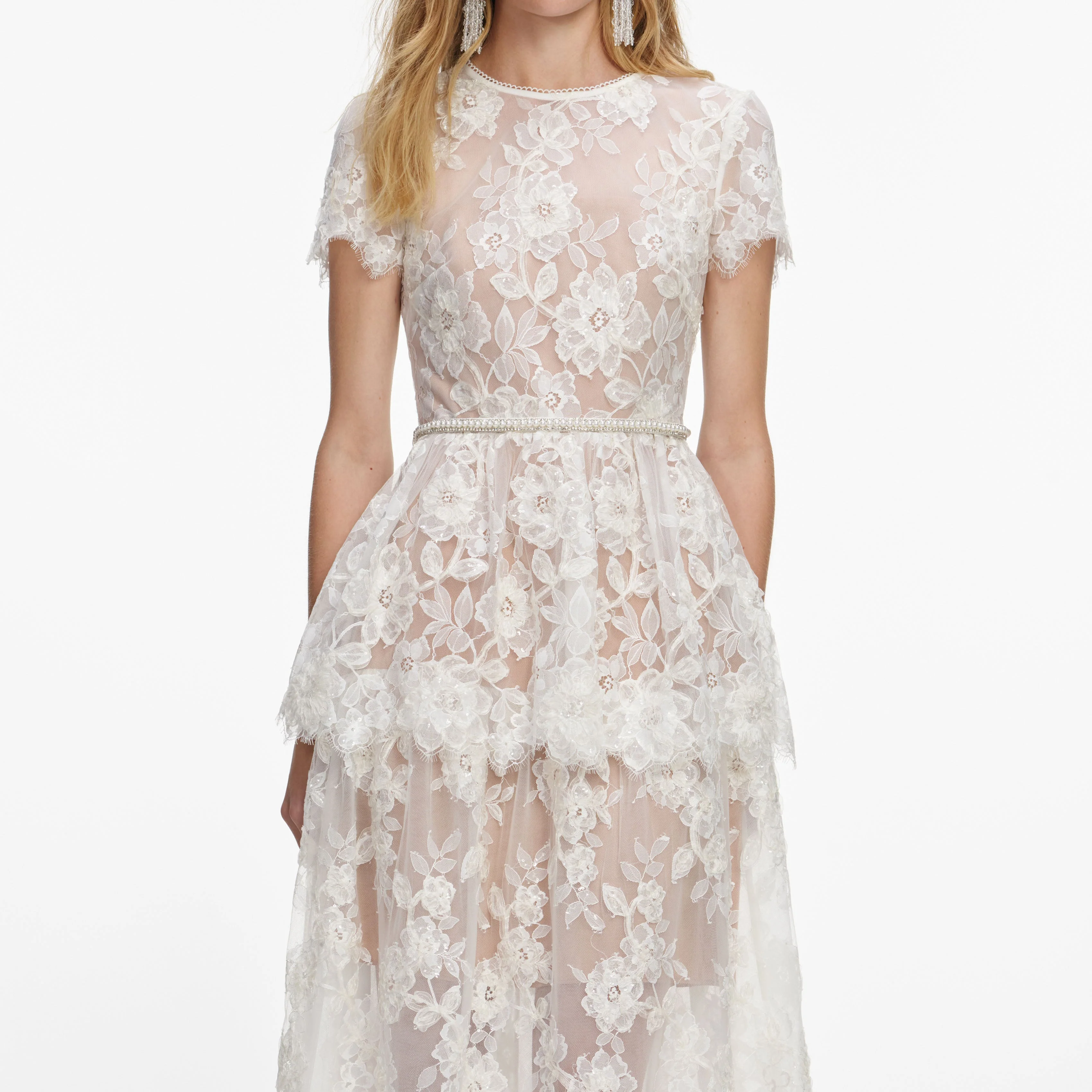 White Sequin Lace Tiered Maxi Dress - Image 4